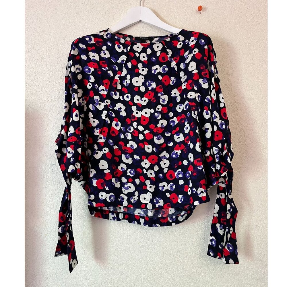 Derek Lam New York Womens Floral Silk Raglan Tie Cuff Blouse Top Size 2 Navy Red